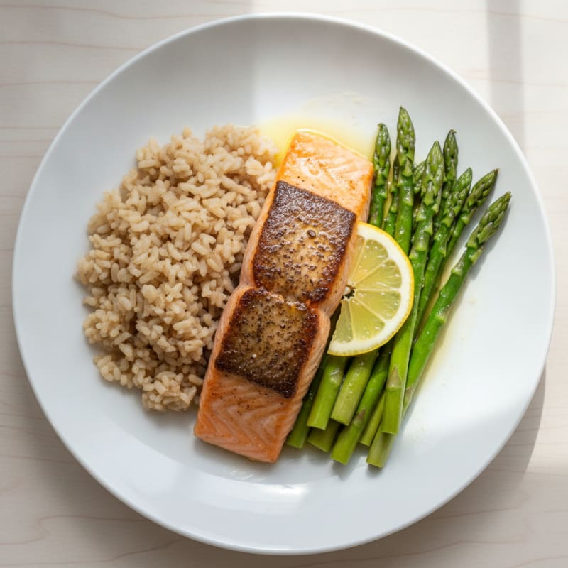 Pan-Seared Salmon with Steamed Asparagus and Brown Rice