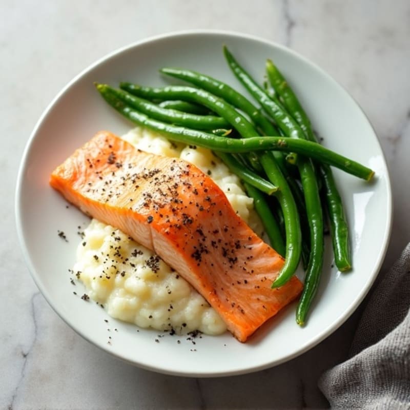 Seared Salmon with Steamed Green Beans and Garlic Mashed Cauliflower