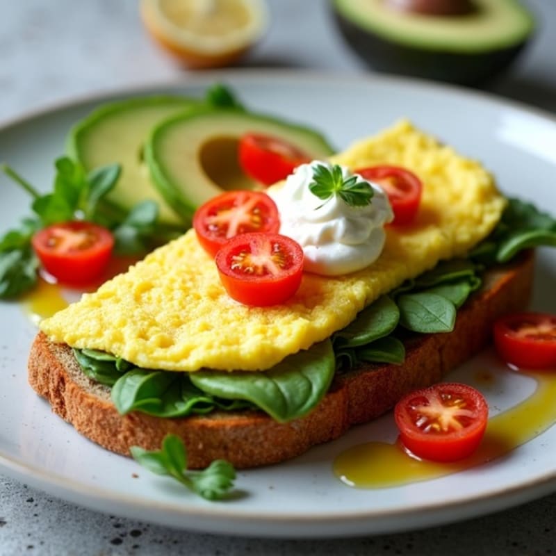Egg White Spinach Omelette with Cottage Cheese, Avocado & Cherry Tomatoes on Toast