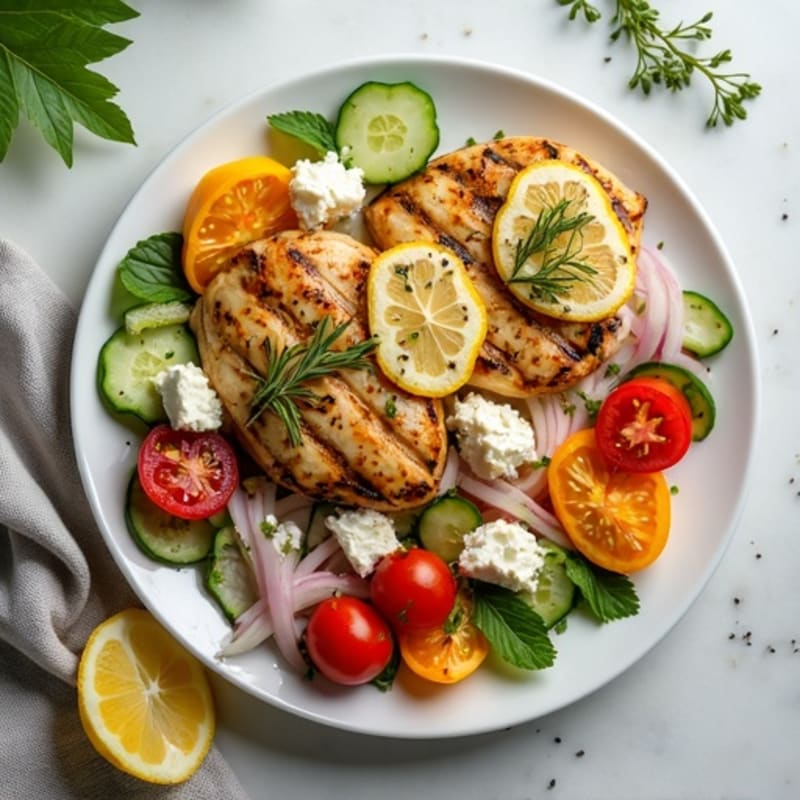 Grilled Lemon Chicken with Fresh Feta and Crisp Vegetable Salad