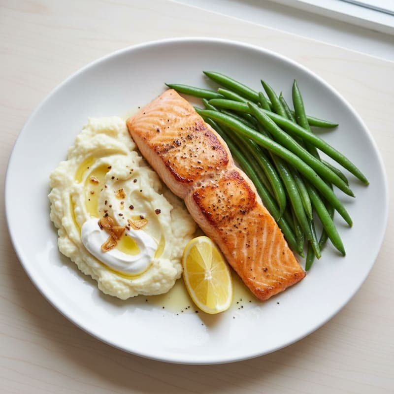 Seared Salmon with Steamed Green Beans and Garlic Mashed Cauliflower