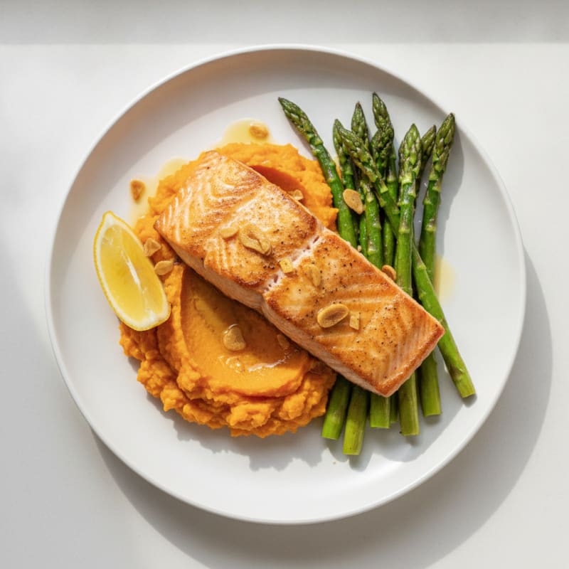 Seared Salmon Fillet with Roasted Asparagus and Sweet Potato Mash