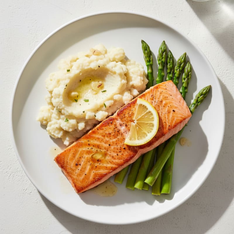 Seared Salmon with Steamed Asparagus and Garlic Cauliflower Mash