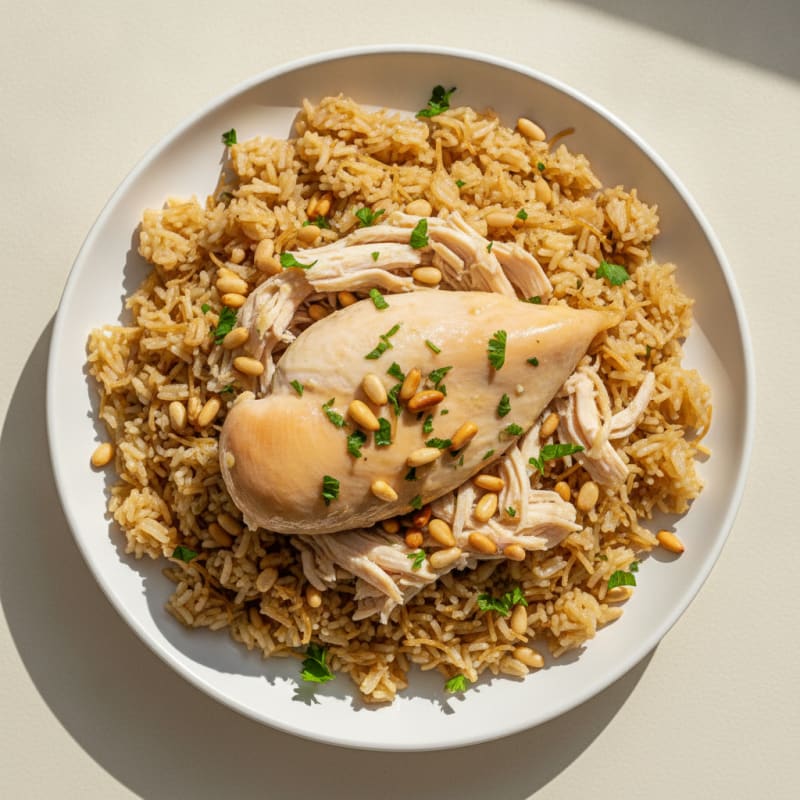 Poached Chicken with Lebanese Rice and Pine Nuts