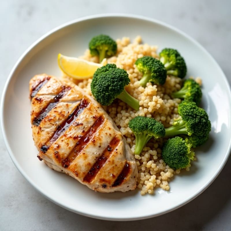 Grilled Chicken Breast with Crunchy Broccoli Slaw and Quinoa
