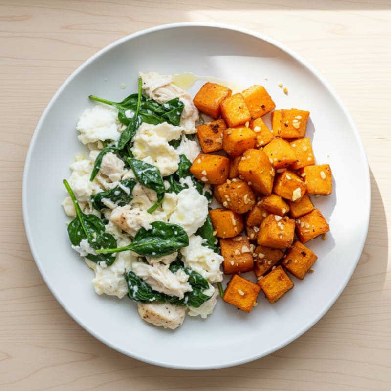 Chicken Egg White Scramble with Spinach and Roasted Sweet Potatoes