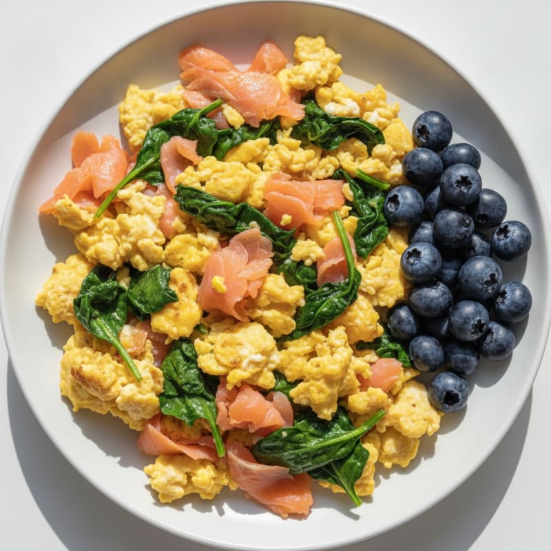 Scrambled Eggs with Smoked Salmon and Sautéed Spinach