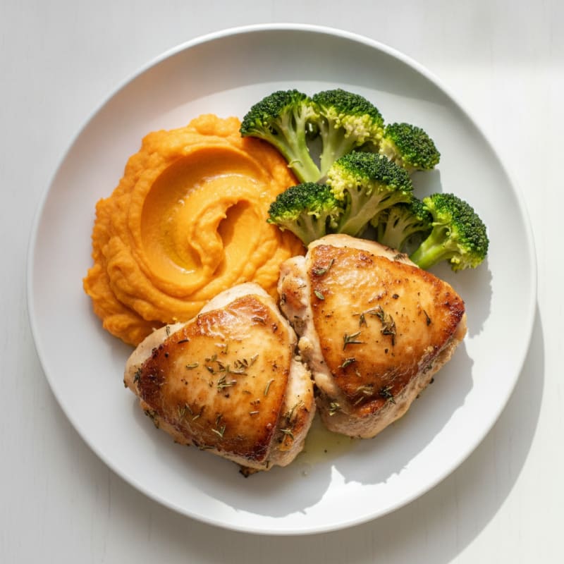 Herb-Seared Chicken Thighs with Sweet Potato Mash and Steamed Broccoli