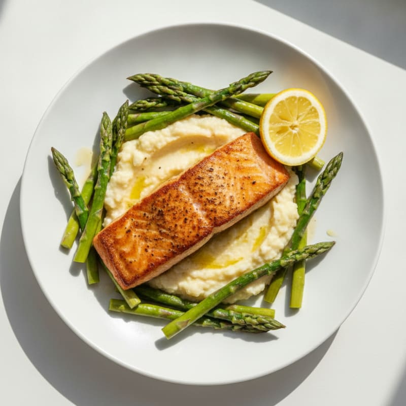 Seared Salmon with Steamed Asparagus and Garlic Mashed Cauliflower