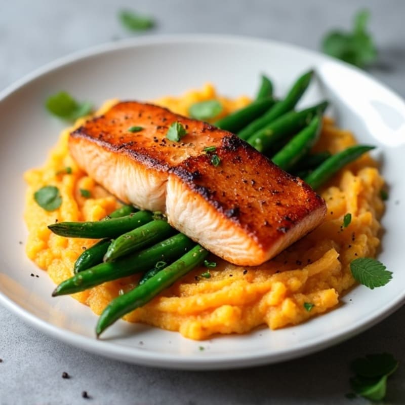 Seared Salmon with Garlic Green Beans and Sweet Potato Mash