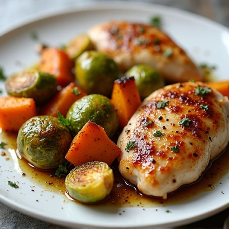 Roasted Chicken with Crispy Brussels Sprouts and Tender Sweet Potatoes
