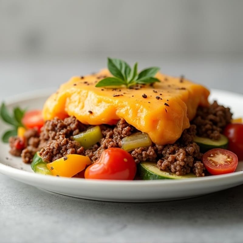 Hearty Lean Ground Beef and Vegetable Bake with Creamy Sweet Potato Topping