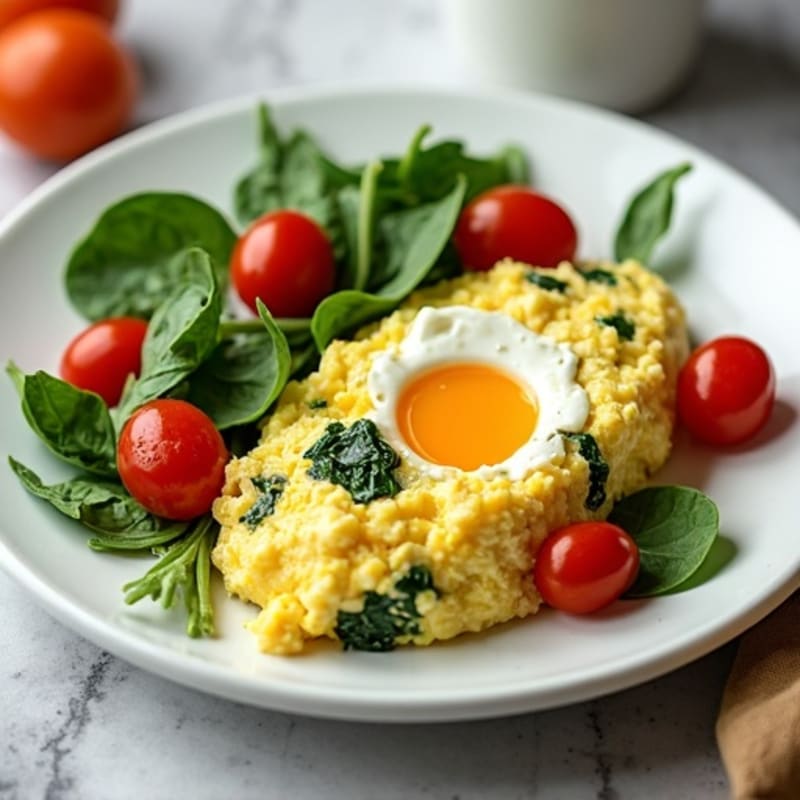Egg White Spinach Scramble with Cottage Cheese and Cherry Tomatoes