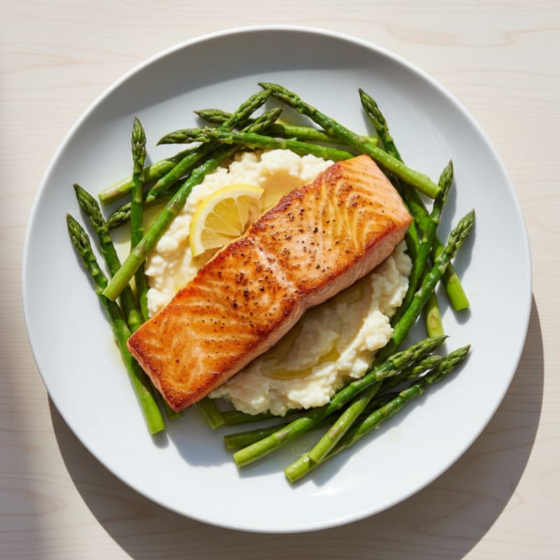 Seared Salmon with Steamed Asparagus and Cauliflower Mash