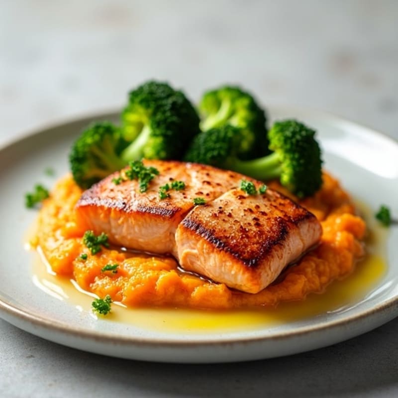 Seared Salmon with Steamed Broccoli and Sweet Potato Mash