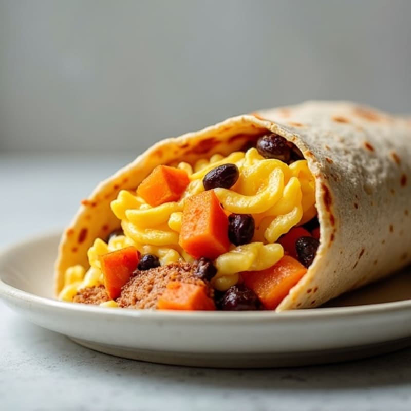 Protein-Packed Scrambled Egg and Roasted Sweet Potato Breakfast Burrito