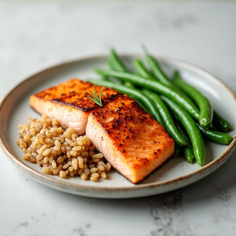 Seared Salmon with Steamed Green Beans and Brown Rice