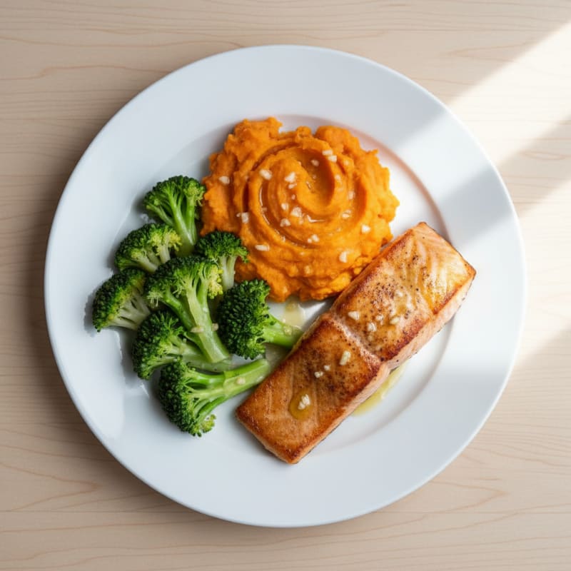 Pan-Seared Salmon with Garlic Mashed Sweet Potatoes and Steamed Broccoli