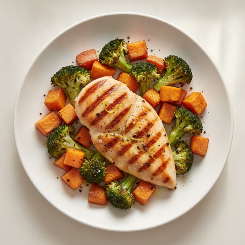 Grilled Chicken Breast with Roasted Broccoli and Sweet Potato