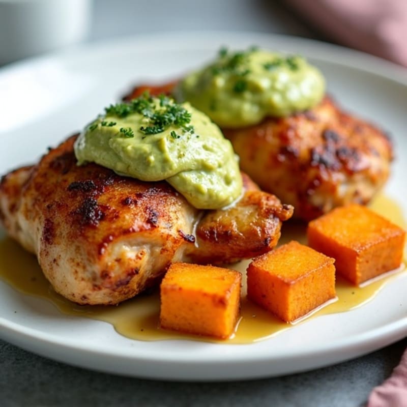Crispy Roasted Chicken Thighs with Creamy Sweet Potato and Avocado