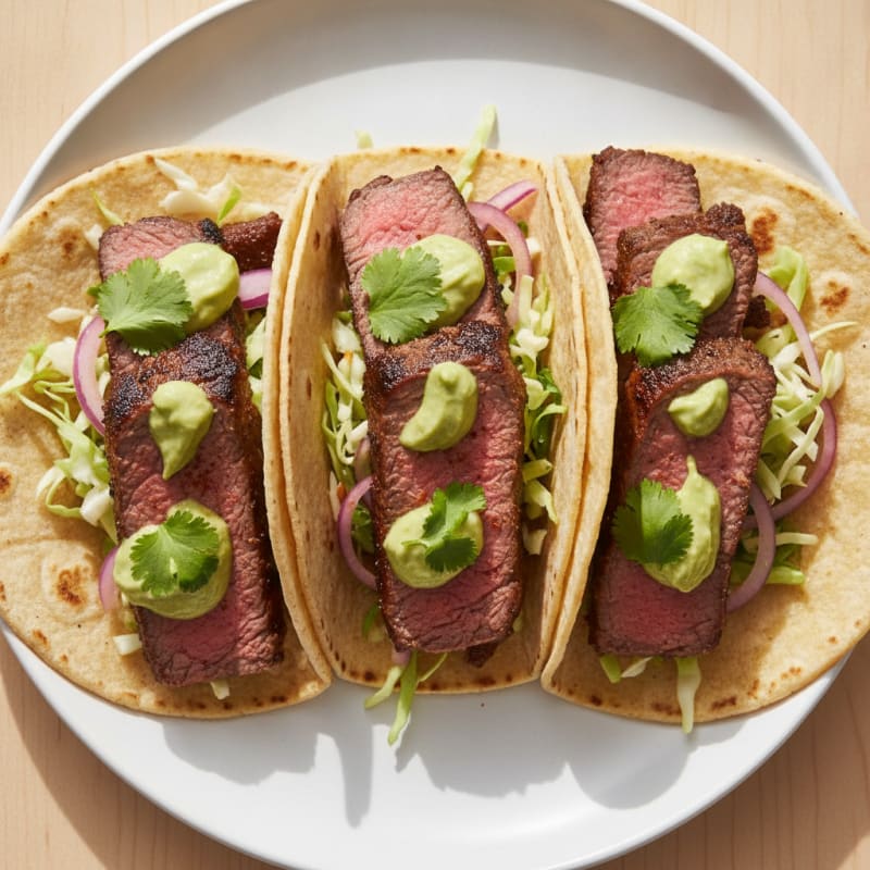 Pan-Seared Steak Tacos with Avocado Crema