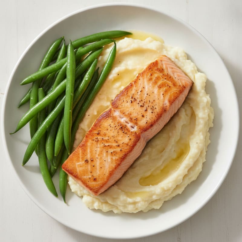 Seared Salmon with Steamed Green Beans and Cauliflower Mash