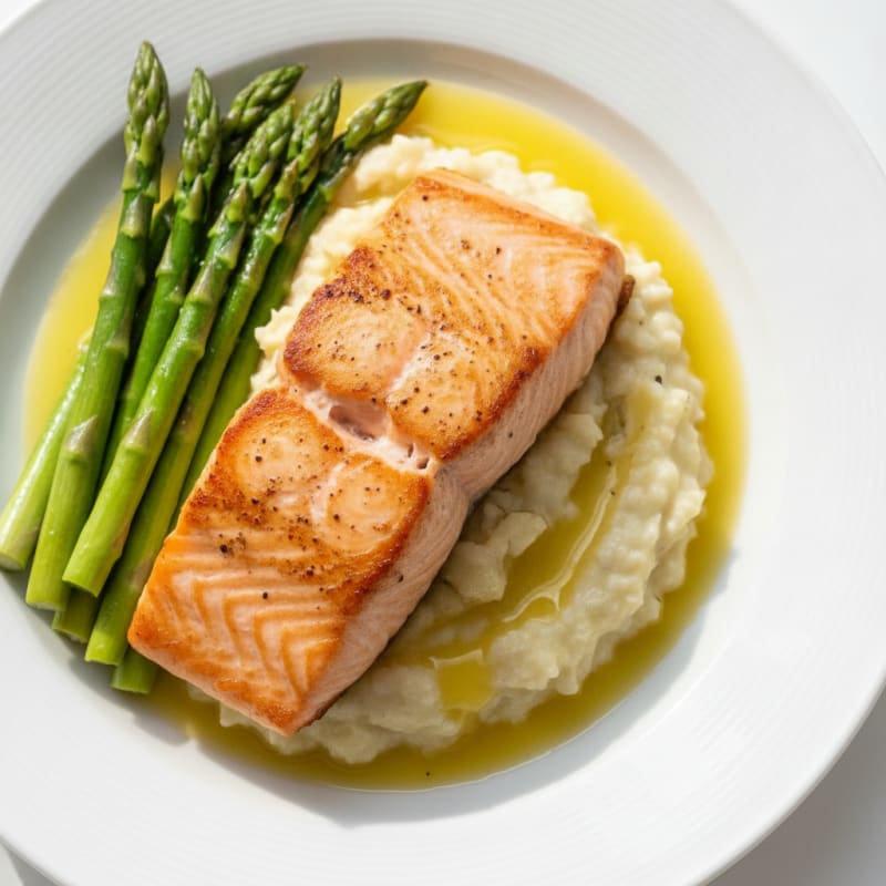 Seared Salmon with Steamed Asparagus and Garlic Cauliflower Mash