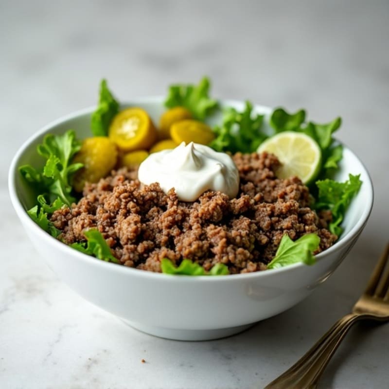 Lean Ground Beef Bowl with Fresh Greens, Pickles, and Creamy Dill Dressing