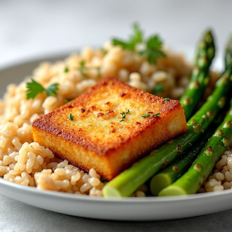 Crispy Tofu with Roasted Asparagus and Brown Rice