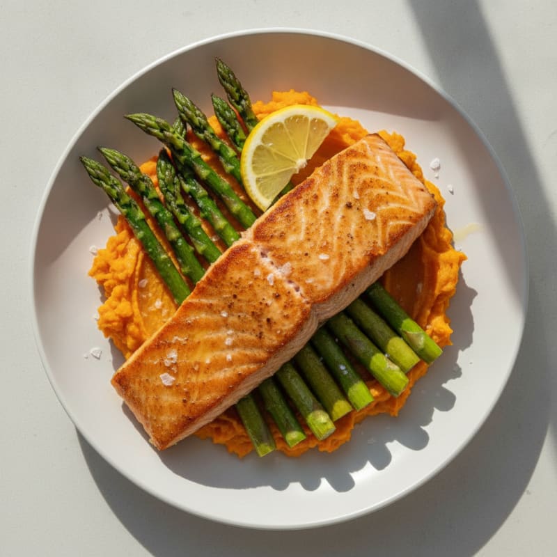 Seared Salmon Fillet with Roasted Asparagus and Sweet Potato Mash