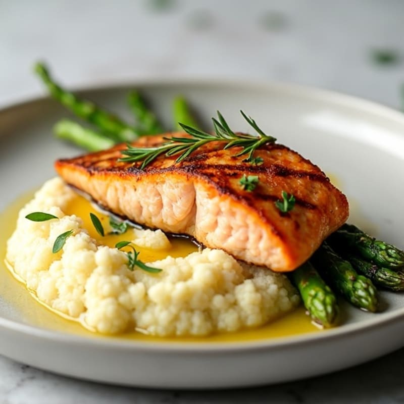 Seared Salmon Fillet with Steamed Asparagus and Cauliflower Mash