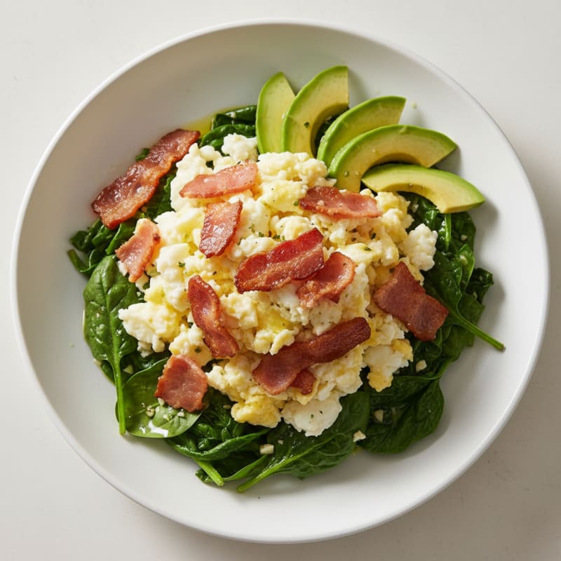 Crispy Turkey Bacon and Egg White Scramble with Sautéed Spinach