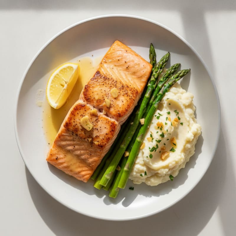 Seared Salmon Fillet with Steamed Asparagus and Garlic Mashed Cauliflower