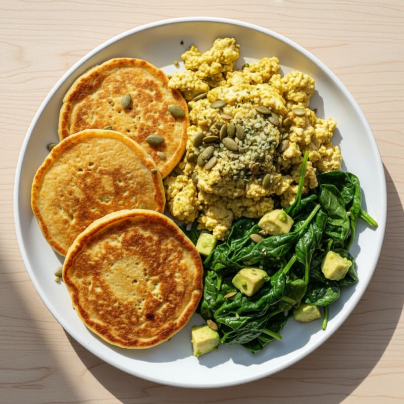 Silken Tofu Scramble with Chickpea Pancakes and Spinach