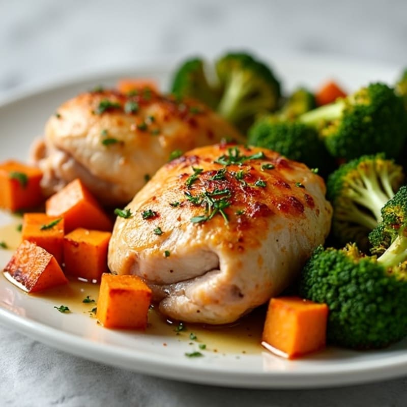 Garlic Herb Roasted Chicken Thighs with Tender Roasted Broccoli and Sweet Potatoes