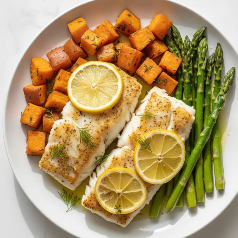 Baked Cod with Herb Roasted Sweet Potato and Asparagus