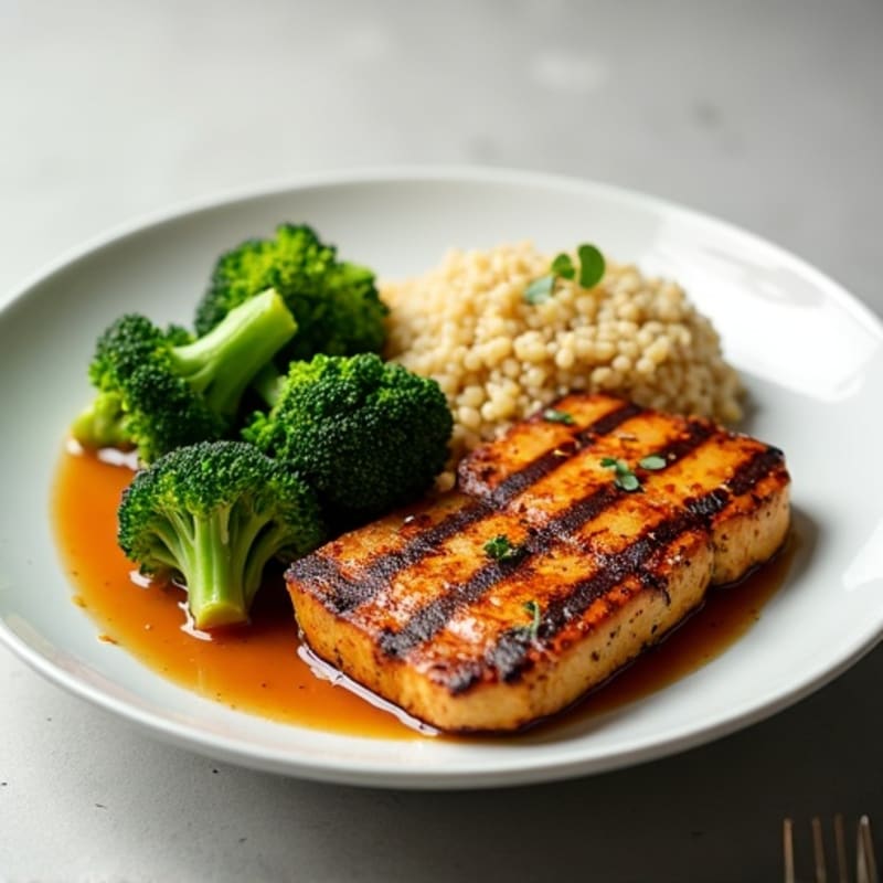 Grilled Tempeh with Roasted Broccoli and Quinoa