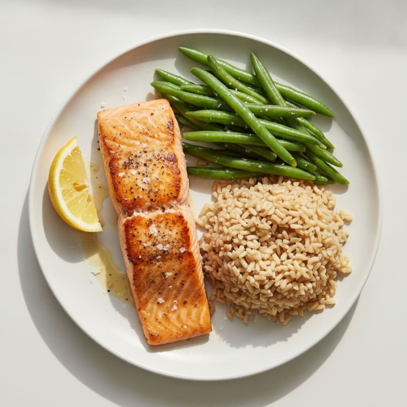 Seared Salmon with Steamed Green Beans and Brown Rice