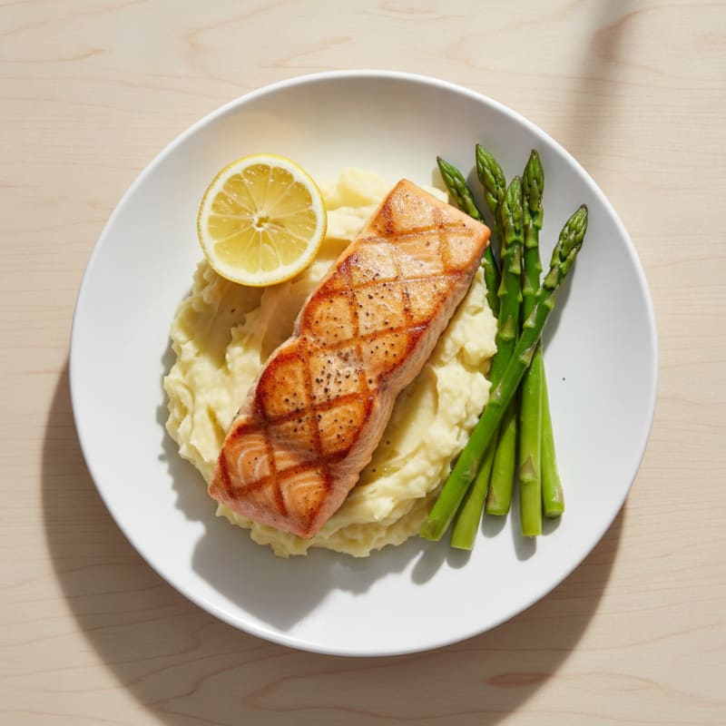 Seared Salmon with Creamy Garlic Mashed Potatoes and Steamed Asparagus