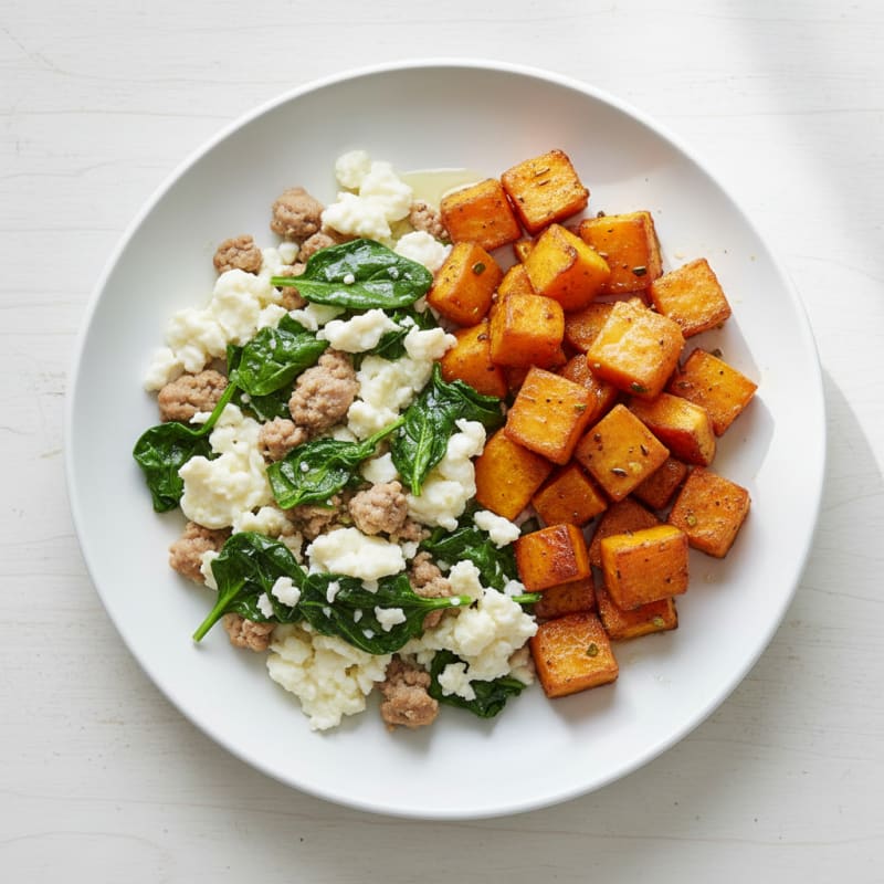 Egg White and Turkey Spinach Scramble with Roasted Sweet Potato