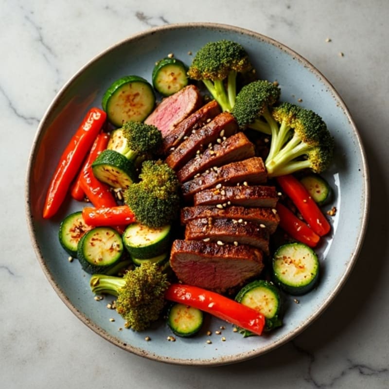 Sweet-Spicy Sesame Beef with Charred Vegetables