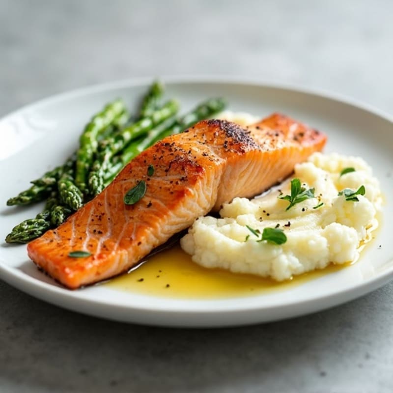 Seared Salmon with Steamed Asparagus and Cauliflower Mash