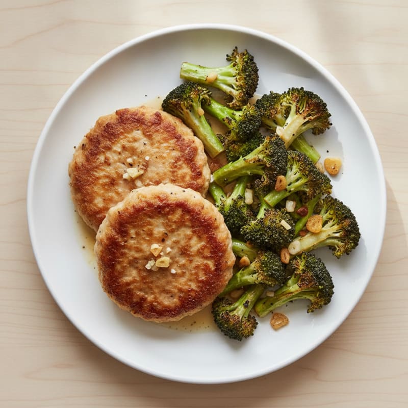 Seared Turkey Patties with Roasted Broccoli and Garlic