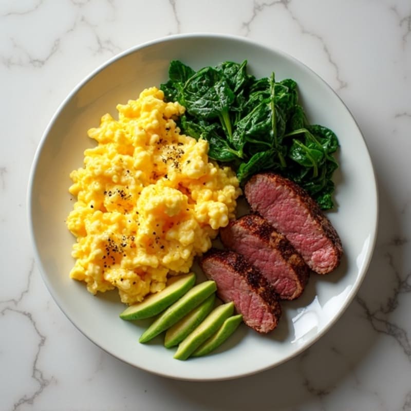 Scrambled Eggs with Sautéed Spinach, Avocado, and Lean Steak