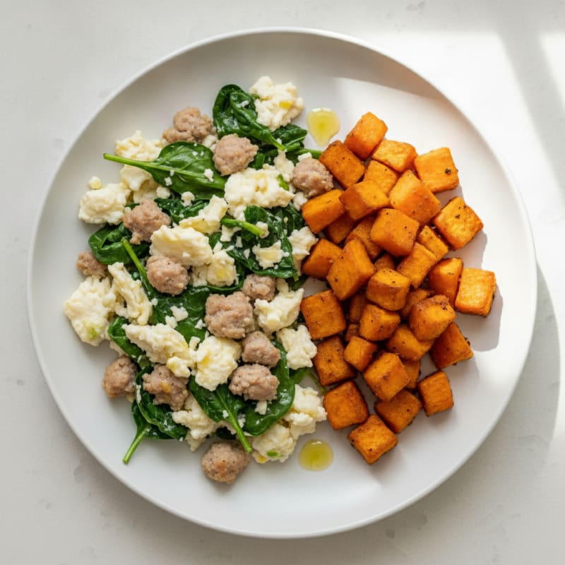 Egg White and Turkey Sausage Scramble with Spinach and Roasted Sweet Potatoes
