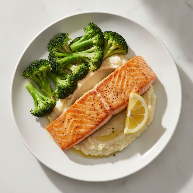 Seared Salmon with Steamed Broccoli and Cauliflower Mash
