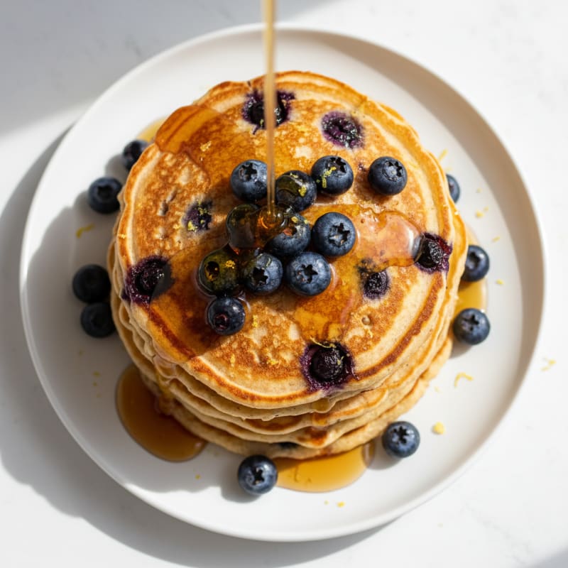 Blueberry Ricotta Pancakes with Maple Syrup