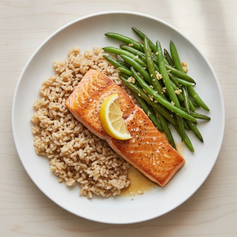 Seared Salmon Fillet with Garlic Green Beans and Brown Rice