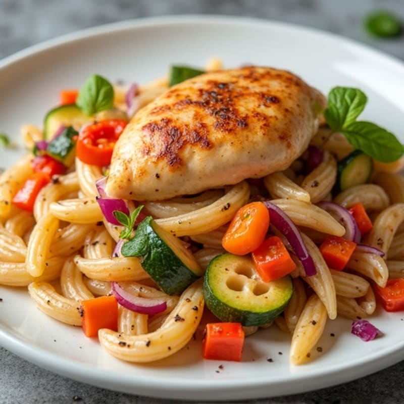 Spicy Creamy Chicken Pasta with Roasted Vegetables