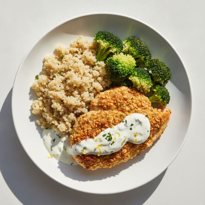 Crispy Lemon Herb Chicken Breast with Steamed Broccoli and Quinoa